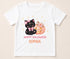 Personalised Halloween t-shirt featuring cute black kitten with pink bows, pink pumpkin and custom name on white children's Halloween shirt