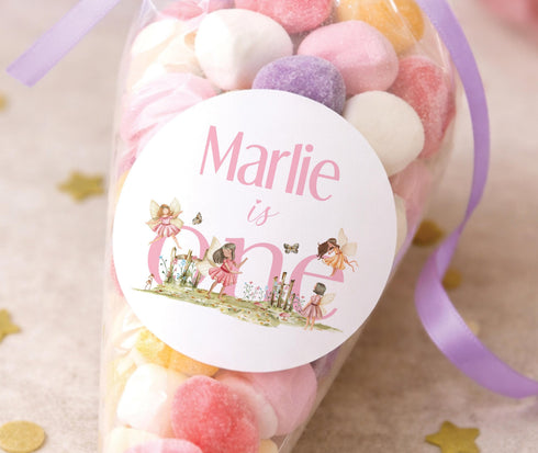 Personalised Fairy Stickers – 5cm Glossy Round Party Bag Seals for 1st Birthday - Strips (5cm each)