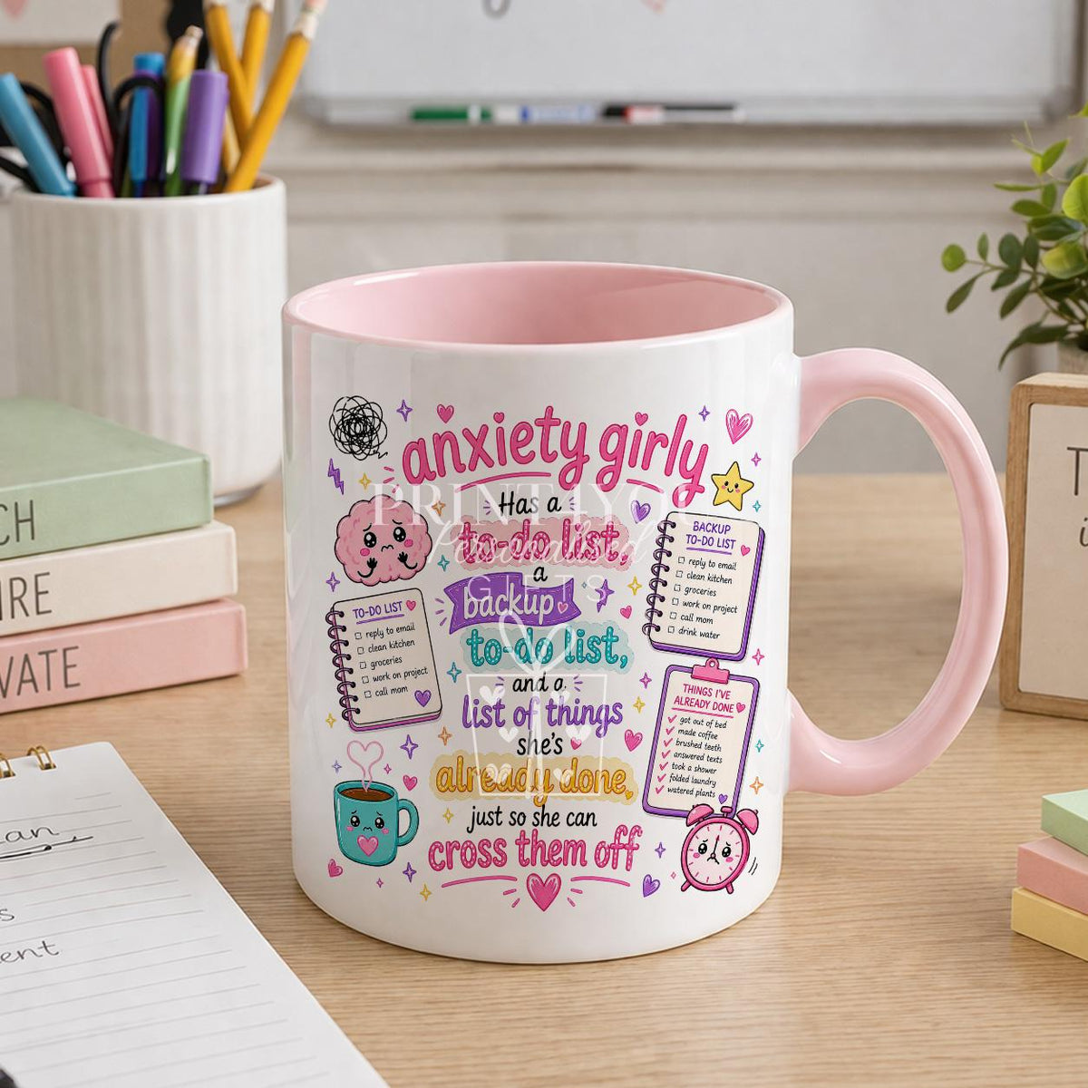 Pink ceramic mug printed with a funny overthinker design, personalised with a name
