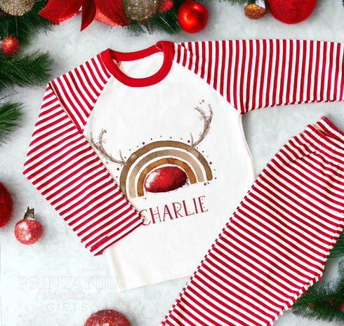 Personalised Red & White Striped Children's Christmas Pyjamas - Reindeer Rainbow with Antlers