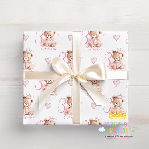 Personalised Birthday Wrapping Paper – Soft Pink Princess Bear Gift Wrap with Custom Name and Age Print