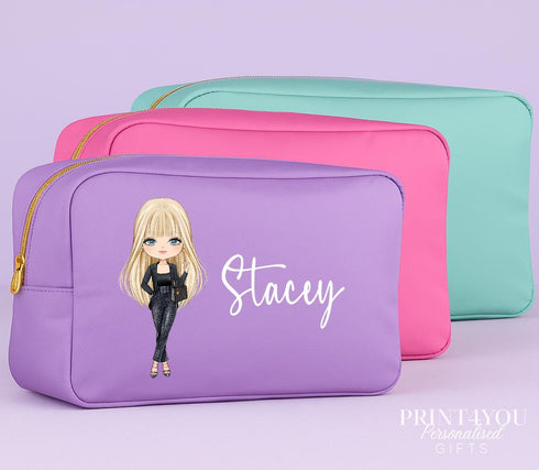 Personalised Girl Character Makeup Accessory Bag Mint Pink or Purple Wash Bag Perfect Gift for Her or Teen Girl