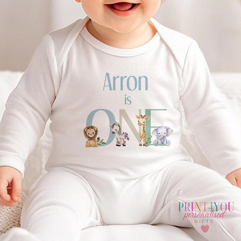Personalised 1st Birthday Baby Grow, Safari Animal Baby Boy Vest, Jungle Theme ONE Bodysuit, Custom Name Outfit, Blue First Birthday Gift