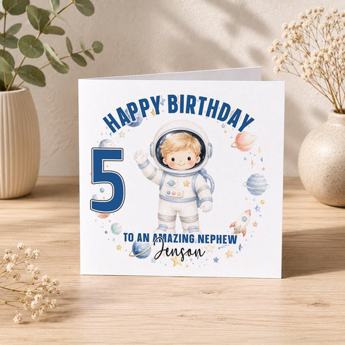 Personalised astronaut birthday card for boys age 1-9, space themed birthday card with astronaut, planets and rocket, custom name and relation