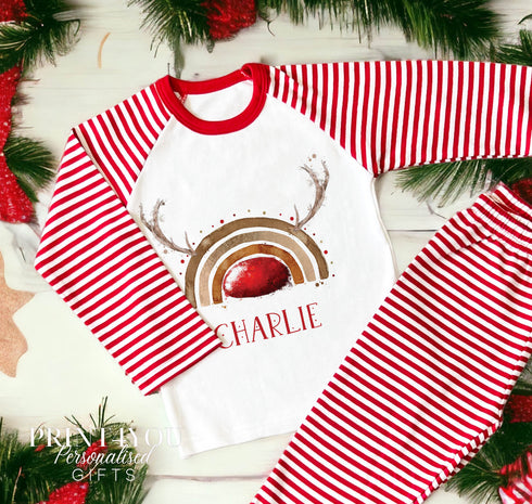 Personalised Red & White Striped Children's Christmas Pyjamas - Reindeer Rainbow with Antlers