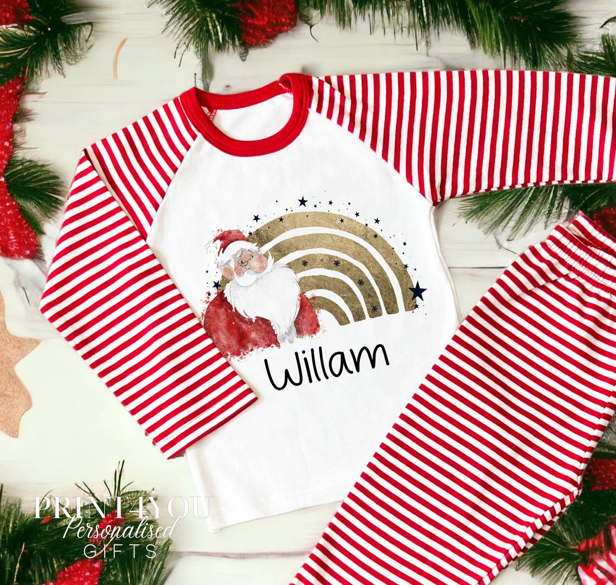 Personalised Red & White Striped Children's Christmas Pyjamas – Santa Rainbow - 1-2 years