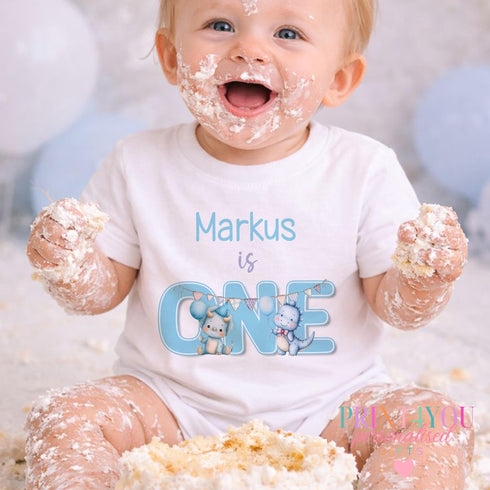Personalised Dino Birthday Outfit - Baby Boy 1st Birthday Cake Smash T-Shirt