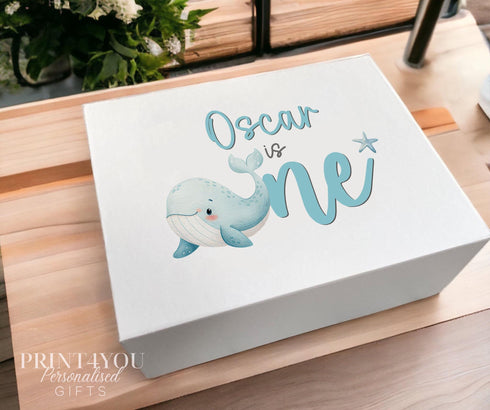 Personalised Whale 1st Birthday Keepsake Box With Name, Under The Sea Baby Memory Box, White Magnetic Box, Ocean Themed Gift