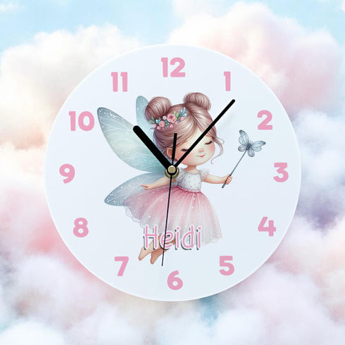Personalised Childrens Acrylic Clock Pink Fairy Design Ideal New Baby Gift 24.5cm for Girls Bedroom