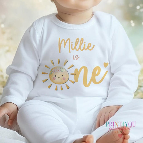 Personalised Baby Birthday Gift - Sun is One Sleepsuit Bib Vest or T-Shirt