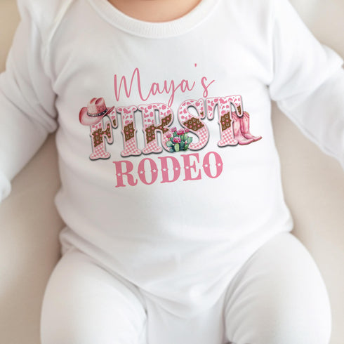 Personalised My First Rodeo T-Shirt for Girls - Pink Cowgirl Vest Sleepsuit or Pyjamas for 1st Birthday Party