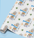 The image is a roll of wrapping paper with a repeating pattern of a blue number 1 and various animal illustrations, including a lion, giraffe, and elephant.