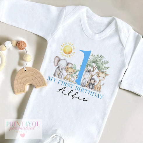 Personalised Baby Birthday Outfit | Jungle Animal Baby Wear - Custom Safari T-Shirt & Sleepsuit