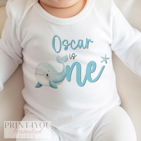 Under the Sea 1st Birthday Outfit | Personalised Whale “Is One” Vest, T-Shirt or Sleepsuit | Ocean Theme Baby Gift | DTG Printed