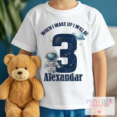 Personalised Space Birthday Pyjama T-Shirt – "When I Wake Up I Will Be..." – Custom Name & Age (1-5) | White Cotton Tee | 6m to Age 8