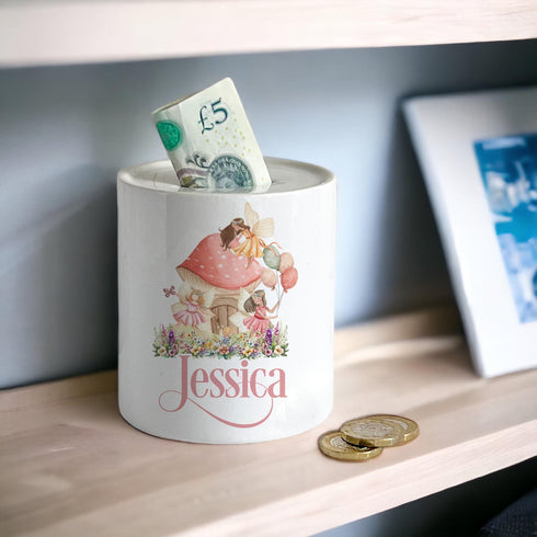 Personalised Ceramic White Money Box Coin Bank - Woodland Fairys and Name