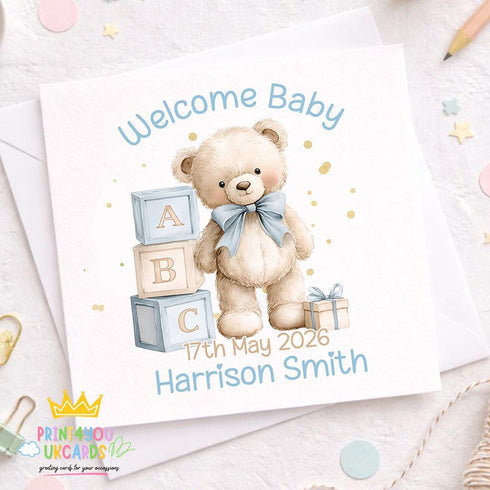 Personalised welcome baby card with blue teddy bear and alphabet blocks, baby boy congratulations card with baby name and birth date