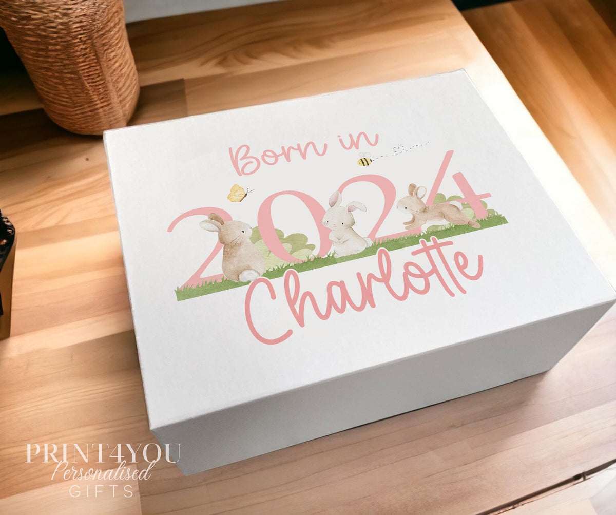 Personalised baby's first birthday keepsake box, sturdy white card with bunny rabbit design and pink text, large size