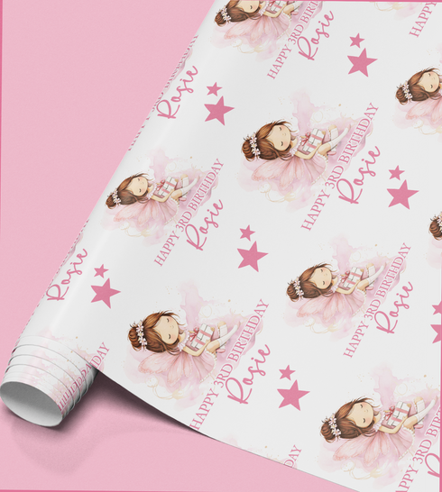 a roll of wrapping paper with a repeating pattern of a young girl in a pink dress and a crown, along with pink stars and the text "Happy 3rd Birthday Rosie".