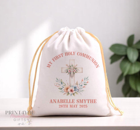 Personalised Velvet Drawstring Bag for First Holy Communion Cream Rosary Jewellery Pouch Custom 12x15cm Design