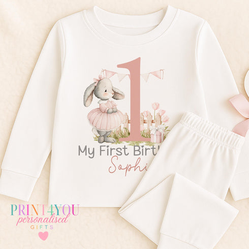 Children's clothing with the 1st birthday outfit bunny design
