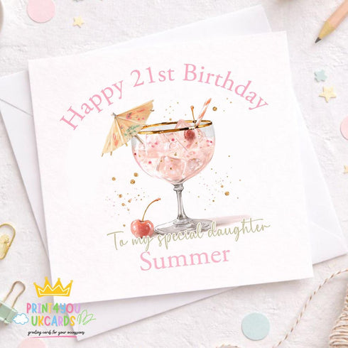 21st Birthday Card – Personalised Pink Gin Cocktail Daughter Milestone Celebration - Front only