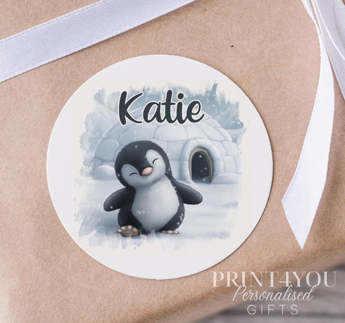 Personalised Christmas Stickers, Penguin Gift Labels, Christmas White Gloss 5cm Stickers, Perfect for Christmas Party Bags & Gift Wrapping