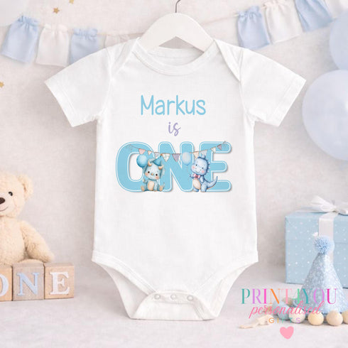 Personalised Dino Birthday Outfit - Baby Boy 1st Birthday Cake Smash T-Shirt