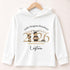 White lightweight hooded long-sleeved T-shirt featuring a personalised gold 2026 teddy bear preschool graduation design with a child’s name and preschool name.
