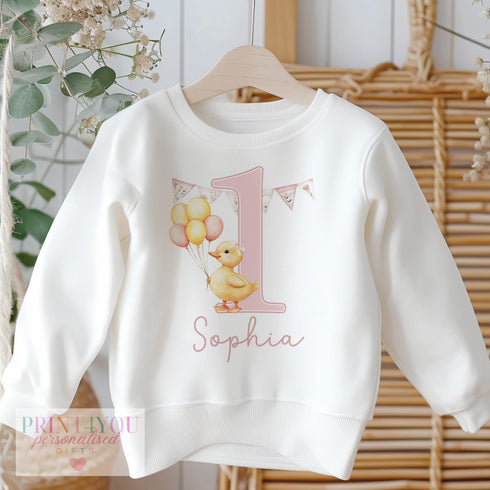 Personalised First Birthday Jumper, Birthday Sweatshirt for Children, I am One, Pink Balloon Duck Jumper