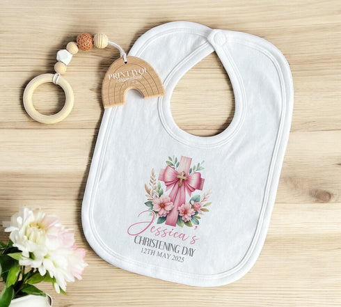 Personalised Baby Christening Outfit – Pink Cross Design | Custom DTG Printed Gift | Sleepsuit, Vest, Bib, PJs, or T-Shirt | 100% Cotton