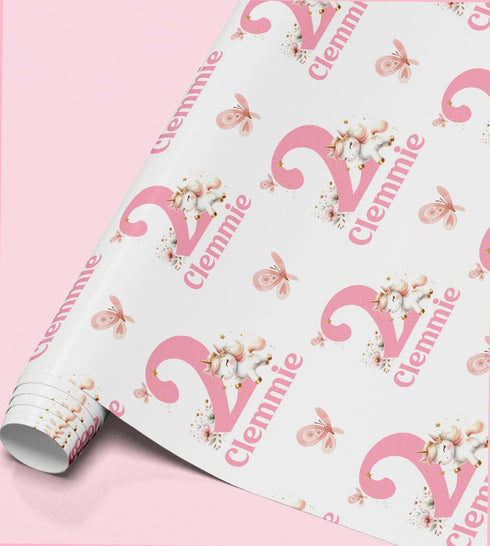 a pink and white pattern with the name 'Clennie' repeated multiple times, along with images of a unicorn and butterflies.