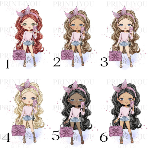 Designer Fashion Girls Personalised Gift White Mug, Pink coloured trim, Hair and Skin Variations