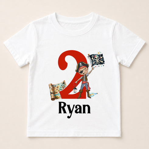 A white t-shirt with a red number "2" and a cartoon pirate character holding a pirate flag. The text "Ryan" is also displayed below the number.
