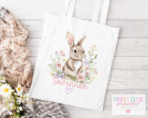 Personalised Cotton Tote Bag – Custom Name Floral Bunny Design – Eco – Friendly Gift