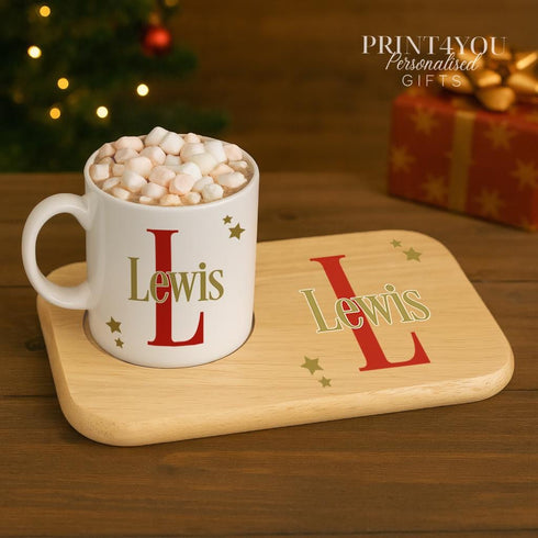 Personalised Initial Mug Snack Board Set - Custom Christmas Hot Chocolate Gift for Kids Family