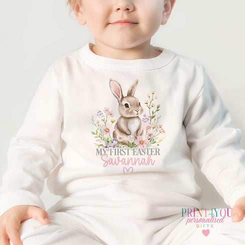 Easter Babygrow, Babies 1st Easter, My First Easter, First Easter sleepsuit, New baby gift, Easter baby outfit, Bunny Rabbit with Flowers