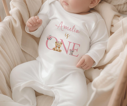 Personalised First Birthday Pyjamas – Floral Teddy Bear Cake Smash Clothes
