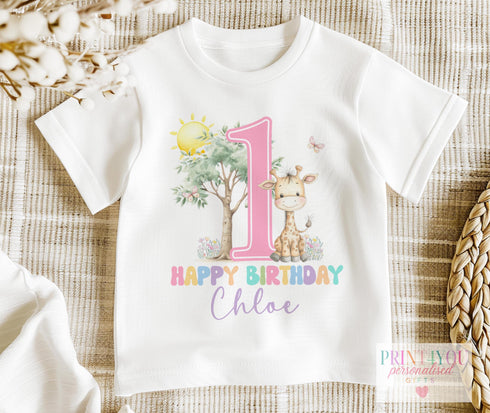 Personalised Pastel Pink Giraffe 1st Birthday Outfit | Baby Girl Vest, Bib, Sleepsuit or T-Shirt | Custom Name | First Birthday Gift