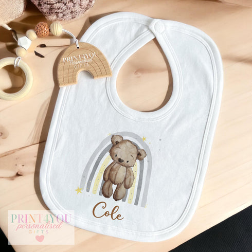 Personalised Baby Vest, Bib, and Sleepsuit with Watercolour Teddy Bear and Rainbow Design - Customised Newborn Baby Gift (Newborn-18m)