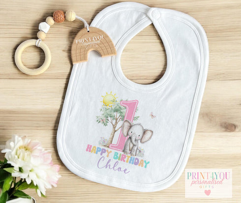 Personalised Pastel Pink Elephant 1st Birthday Outfit | Baby Girl Vest, Bib, Sleepsuit or T-Shirt | Custom Name | First Birthday Gift