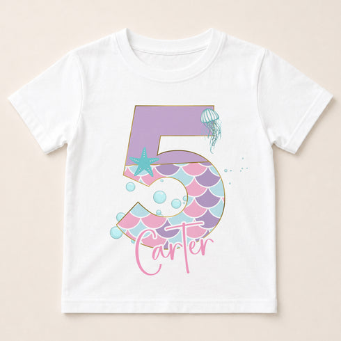 A white t-shirt with a graphic design featuring the number 5 and the name " Carter" written below it.