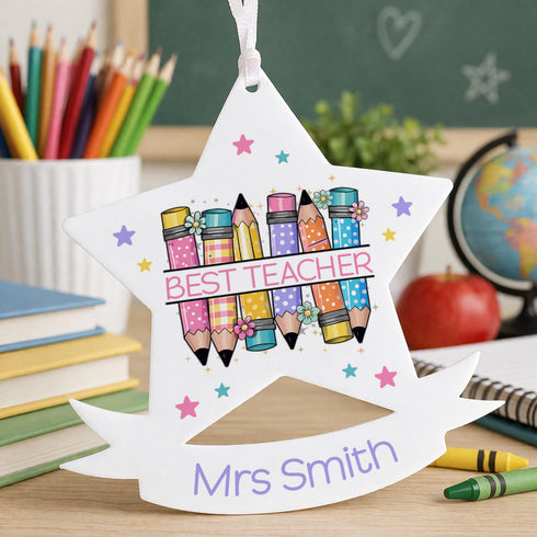 Personalised Teacher Gift – Acrylic Star Decoration With Colourful Pencil Design & Custom Name - 1