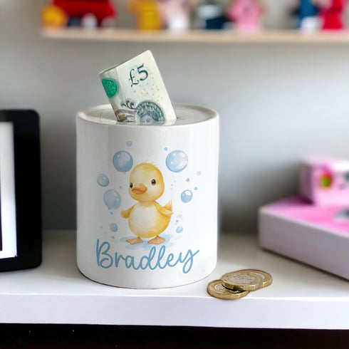 Personalised Ceramic White Money Box Coin Bank - Duck with bubbles with name