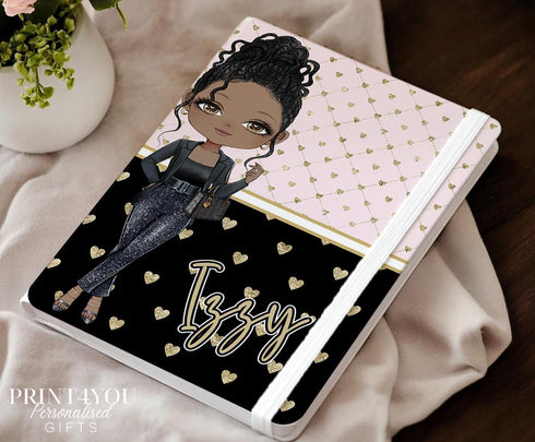 Personalised Girl Notebook β Custom Name Diary with 9 Stylish Characters | Teen Gift, PU Leather Journal, Black & Gold Heart Design
