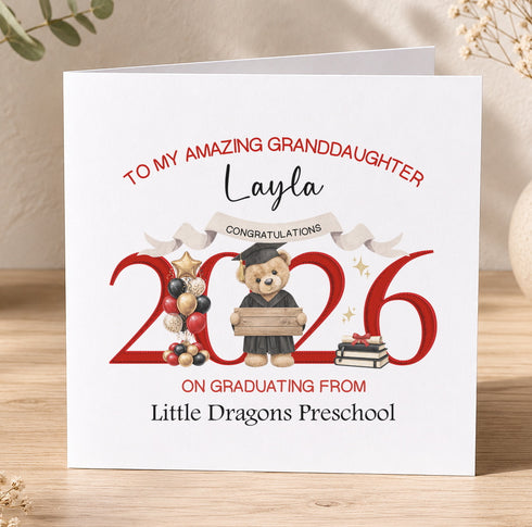 The image is a personalized graduation card for a granddaughter named Layla, congratulating her on graduating from Little Dragons Preschool.