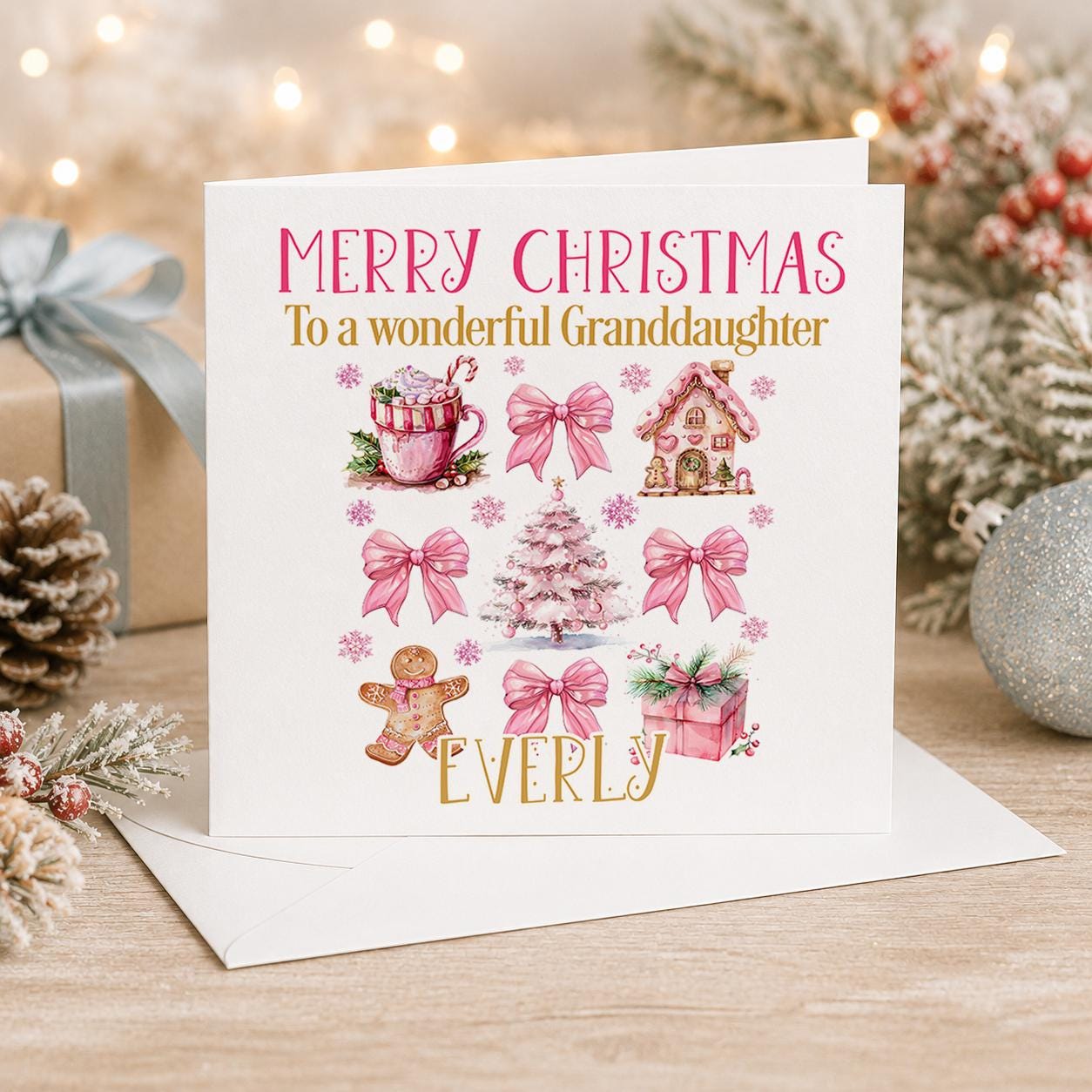 Personalised Christmas card, white 6x6 inch square card printed with pink gingerbread, bows and a pink Christmas tree with a name