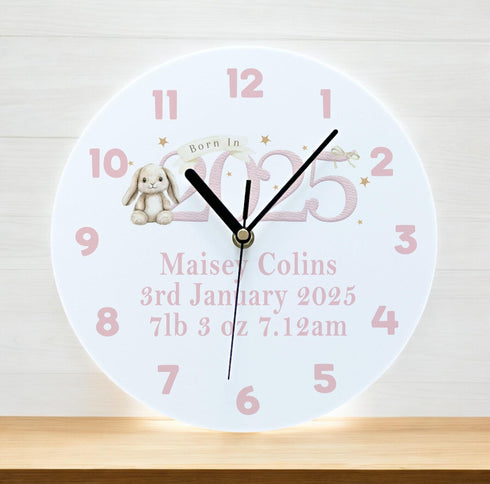 Personalised Acrylic Clock for New Baby Girl 245cm Bunny Rabbit Design Unique Nursery Decor Gift.