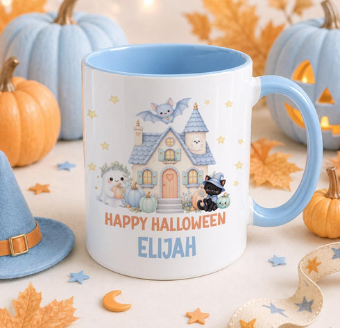 Personalised blue Halloween haunted house mug with cute ghost, black cat and bat, custom name autumn coffee mug for boys