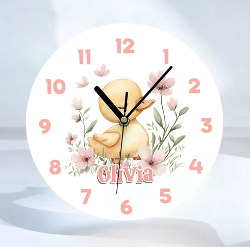 Personalised Acrylic Clock for New Baby Yellow Duck Flowers Perfect Nursery Decor for Baby Girl 24.5cm